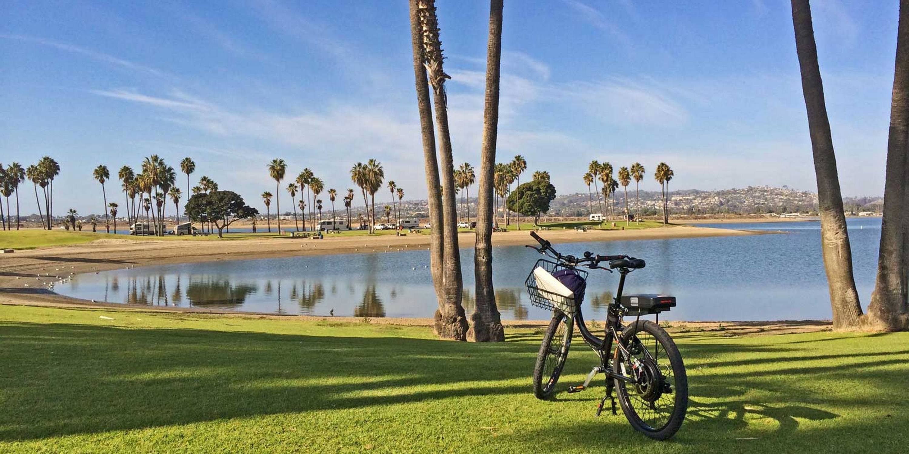 a bicycle with mission bay in the background